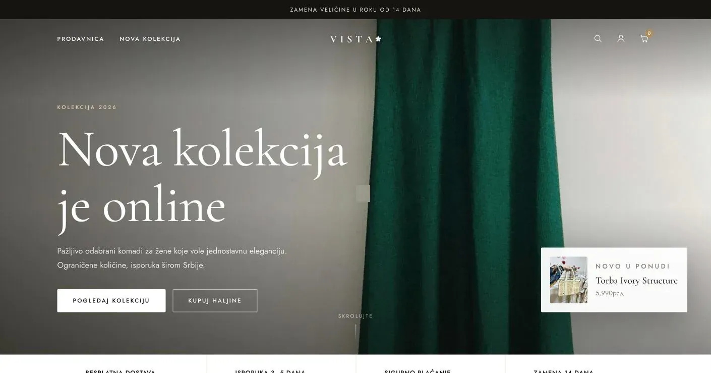 Butik Vista online store: home page, catalogue and cart