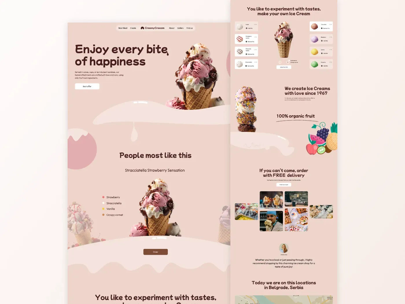 Landing page for an ice cream shop