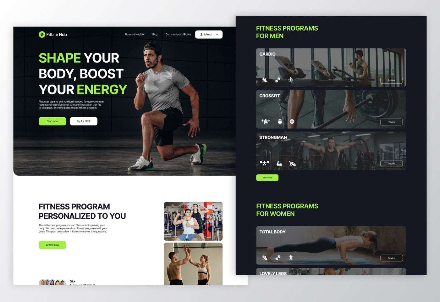 FitLife Hub sajt — dizajn početne strane
