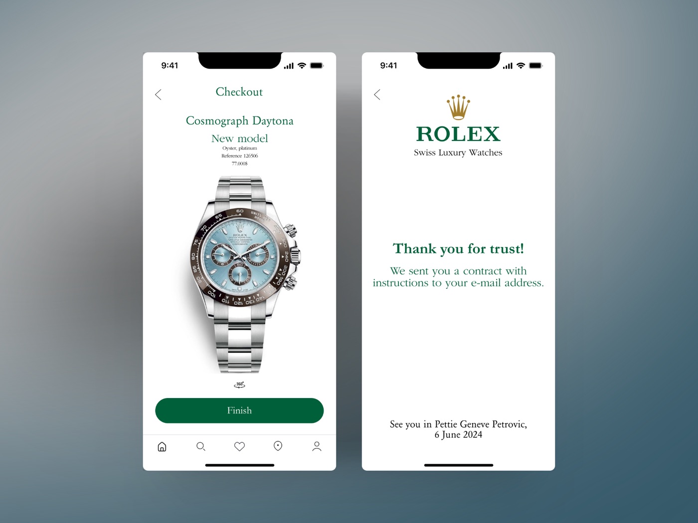 Rolex mobilna aplikacija — početni ekran